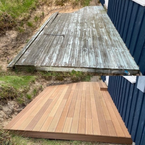 Før- og efterbillede af træterrasse i Nordjylland